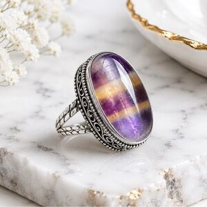 Artisan Jewelry ✨ TANZANITE FLUORITE STATEMENT RING HAND CRAFTED PURPLE AND GOLD